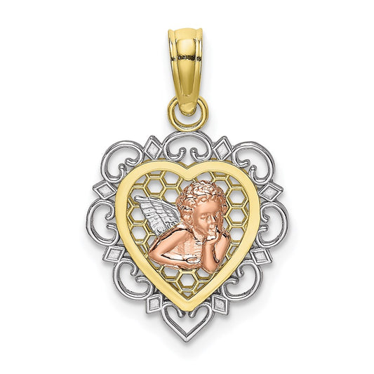 Million Charms 10K Tri-Color Small Angel In Heart Charm