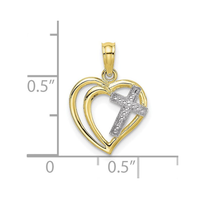 Million Charms 10K Yellow Gold Themed With Rhodium-Plated Relgious Cross In Heart Charm