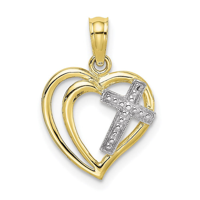 Million Charms 10K Yellow Gold Themed With Rhodium-Plated Relgious Cross In Heart Charm