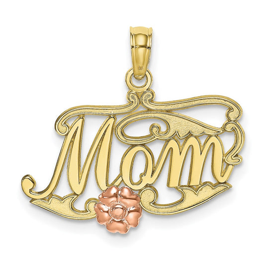 Million Charms 10K Two-Tone Mom Script With Flower Charm