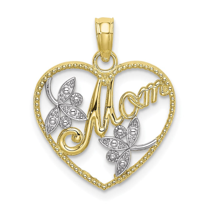 Million Charms 10K Yellow Gold Themed With Rhodium-Plated & Polished Beaded Heart With Mom Charm
