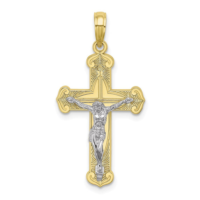 Million Charms 10K With Rhodium-Plated Engraved Relgious Crucifix Charm