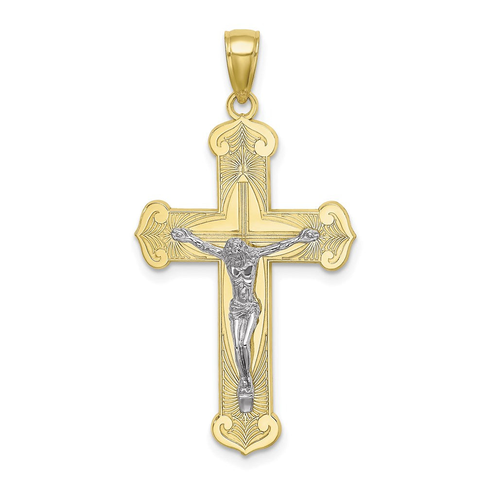 Million Charms 10K With Rhodium-Plated Engraved Relgious Crucifix Charm