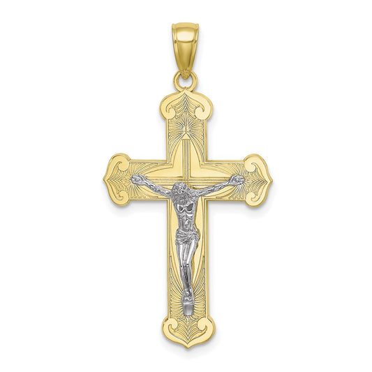 Million Charms 10K With Rhodium-Plated Engraved Relgious Crucifix Charm