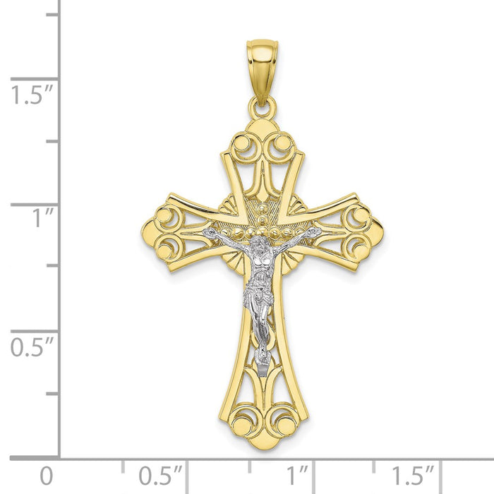 Million Charms 10K With Rhodium-Plated Cut-Out Relgious Crucifix Charm