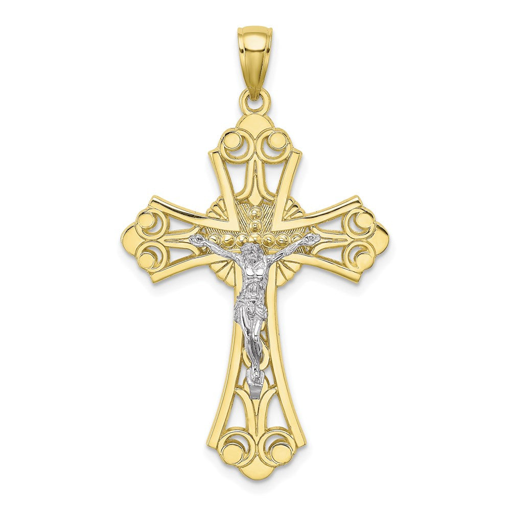 Million Charms 10K With Rhodium-Plated Cut-Out Relgious Crucifix Charm