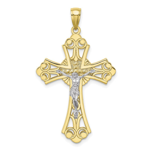 Million Charms 10K With Rhodium-Plated Cut-Out Relgious Crucifix Charm