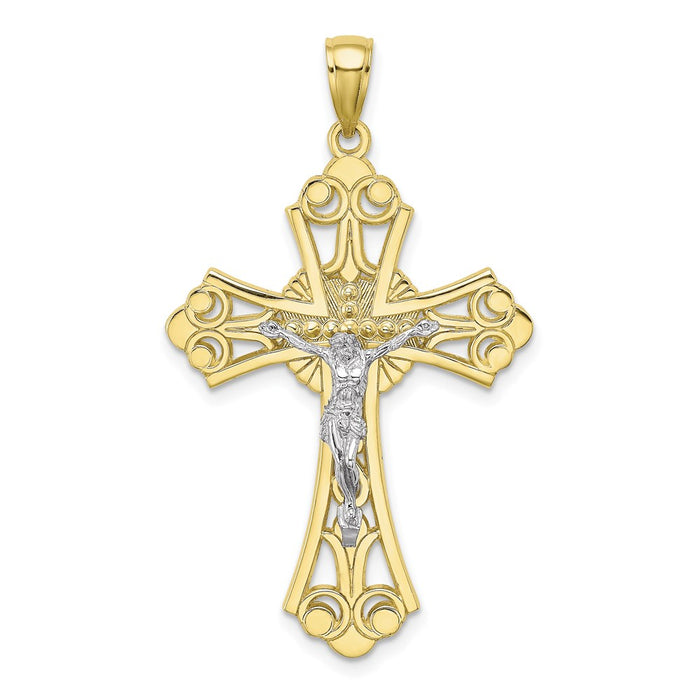 Million Charms 10K With Rhodium-Plated Cut-Out Relgious Crucifix Charm