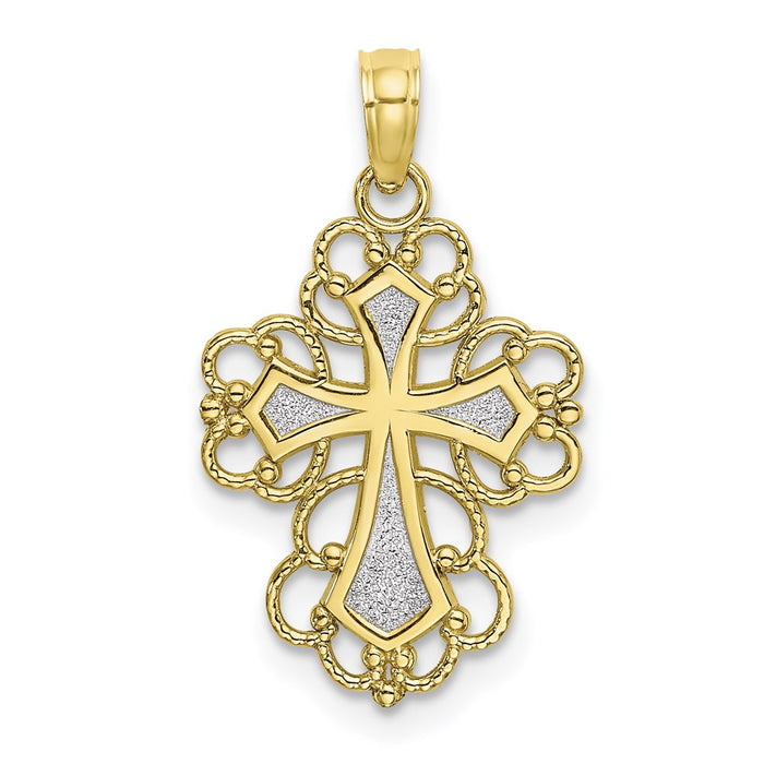 Million Charms 10K Yellow Gold Themed With Rhodium-Plated Beaded Lace Trim Relgious Cross Charm