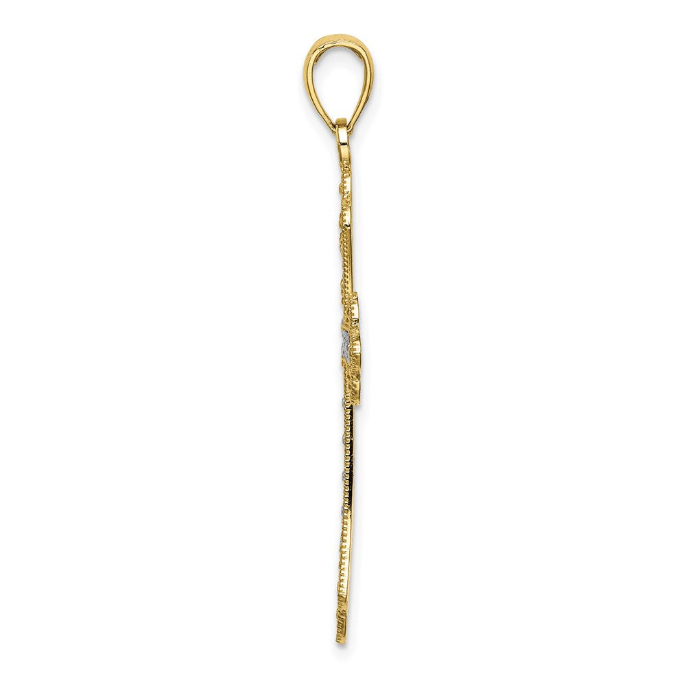 Million Charms 10K Yellow Gold Themed With Rhodium-Plated Scalloped Edges Relgious Cross Charm