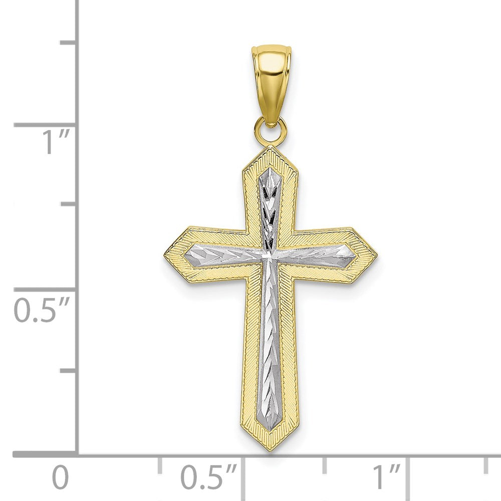 Million Charms 10K Yellow Gold Themed, Rhodium-plated Diamond-Cut Relgious Cross Pendant