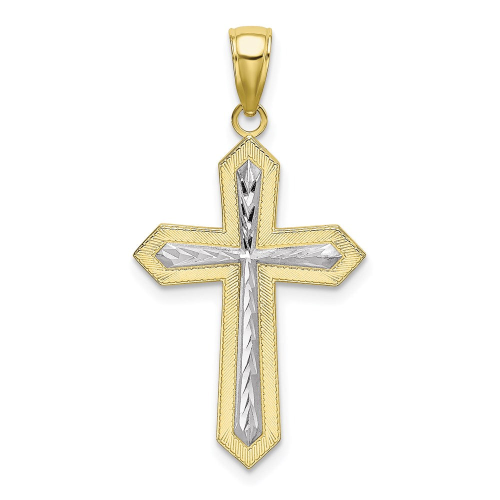 Million Charms 10K Yellow Gold Themed, Rhodium-plated Diamond-Cut Relgious Cross Pendant