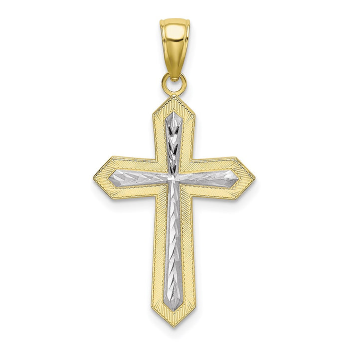 Million Charms 10K Yellow Gold Themed, Rhodium-plated Diamond-Cut Relgious Cross Pendant