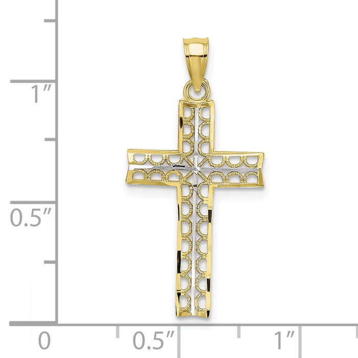 Million Charms 10K Yellow Gold Themed, Rhodium-plated Diamond-Cut Filigree Relgious Cross Pendant