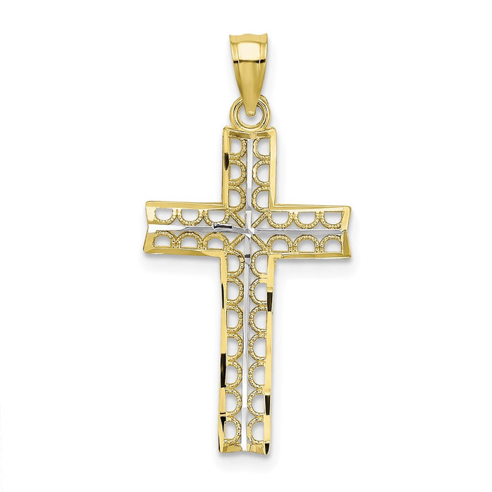 Million Charms 10K Yellow Gold Themed, Rhodium-plated Diamond-Cut Filigree Relgious Cross Pendant