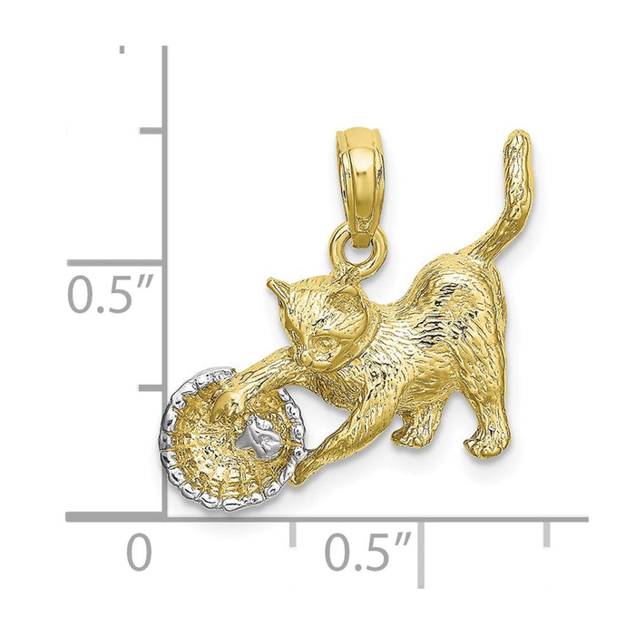 Million Charms 10K Yellow Gold Themed With Rhodium-plated Cat Playing With Yarn In Basket Charm