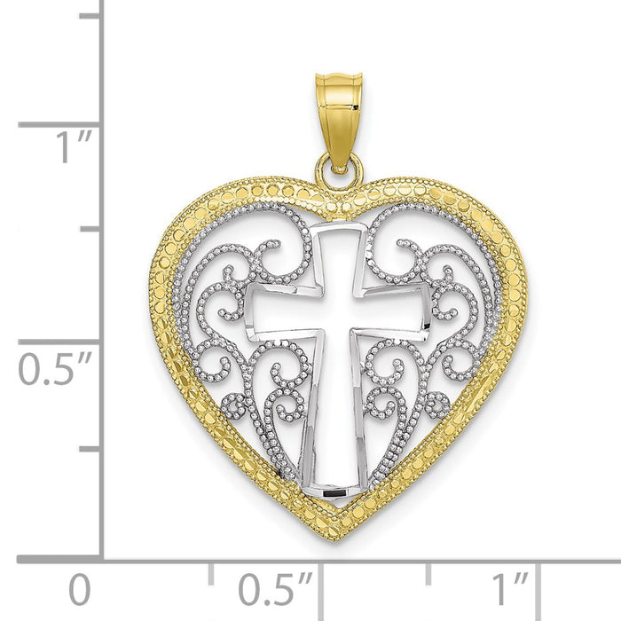 Million Charms 10K Yellow Gold Themed With Rhodium-Plated Cut-Out & Beaded Filigree Heart With Relgious Cross Charm