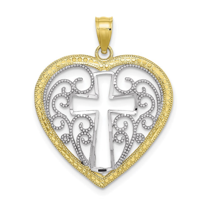 Million Charms 10K Yellow Gold Themed With Rhodium-Plated Cut-Out & Beaded Filigree Heart With Relgious Cross Charm