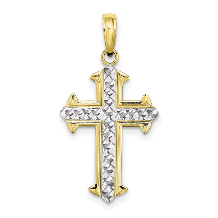 Million Charms 10K Yellow Gold Themed, Rhodium-plated Diamond-Cut Relgious Cross Pendant