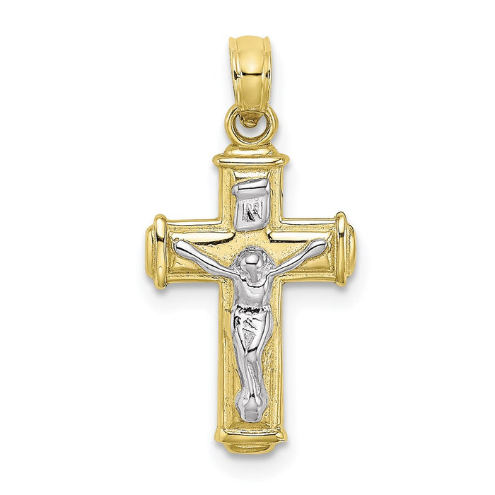 Million Charms 10K With Rhodium-Plated & Polished Block Relgious Crucifix Inri Charm