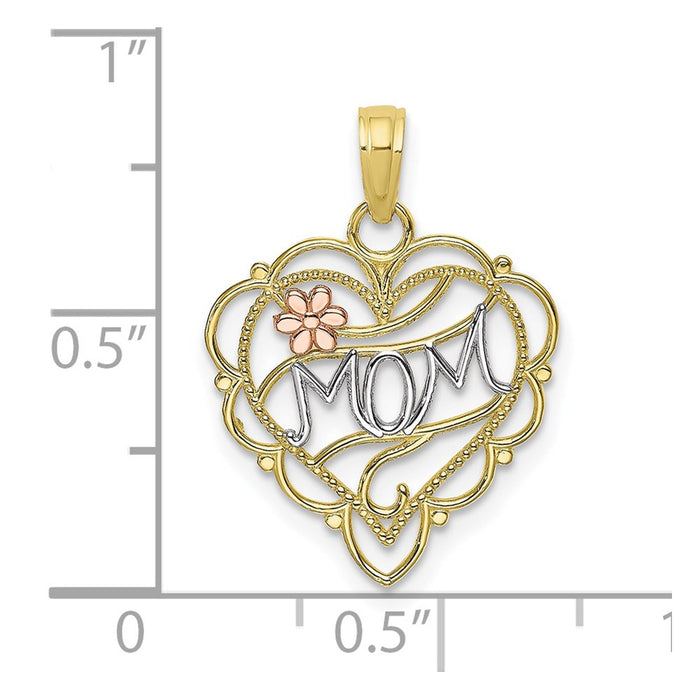 Million Charms 10K Two-Tone With Rhodium-Plated Mom Heart With Flower Charm