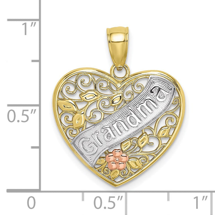 Million Charms 10K Tri-Color Grandma In Filigree Heart With Flowers Charm