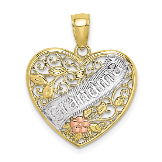 Million Charms 10K Tri-Color Grandma In Filigree Heart With Flowers Charm