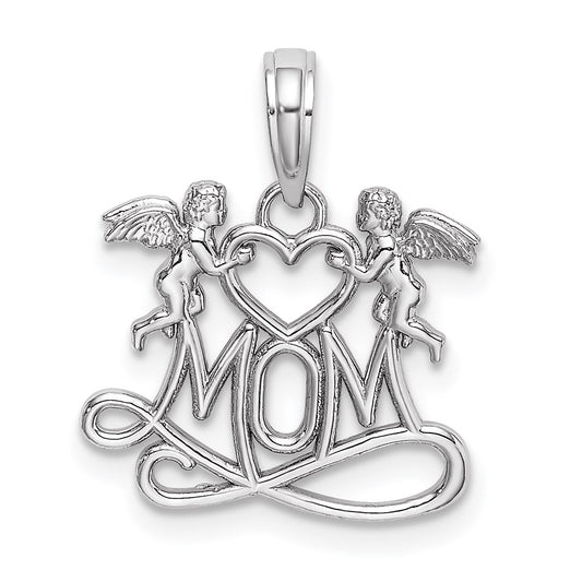 Million Charms 10K White Gold Themed Polished Mom With Heart & Angels Pendant
