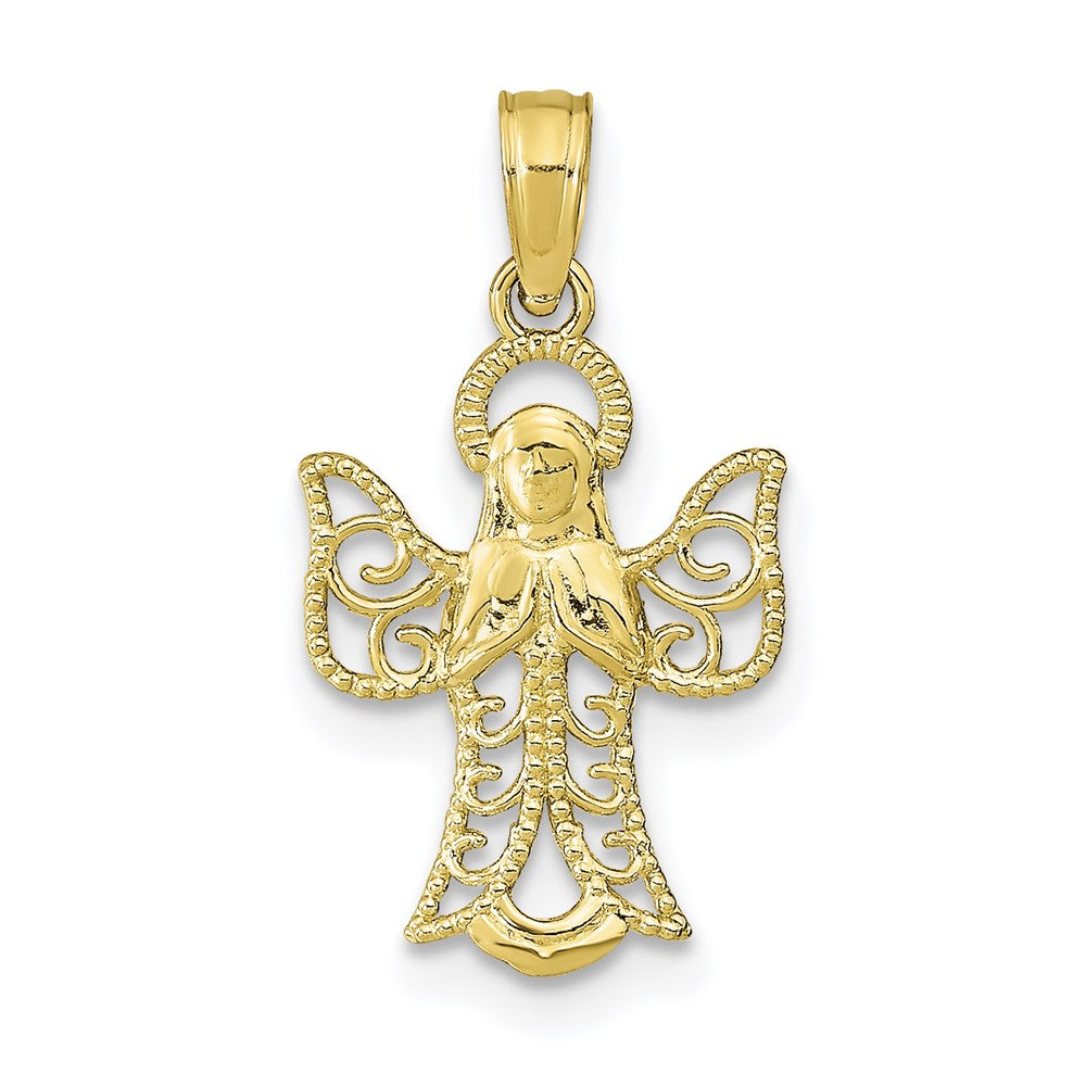 Million Charms 10K Yellow Gold Themed Angel With Filigree Cut-Out Wings / 2-D Textured & Hp