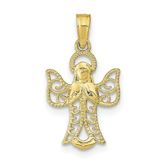 Million Charms 10K Yellow Gold Themed Angel With Filigree Cut-Out Wings / 2-D Textured & Hp