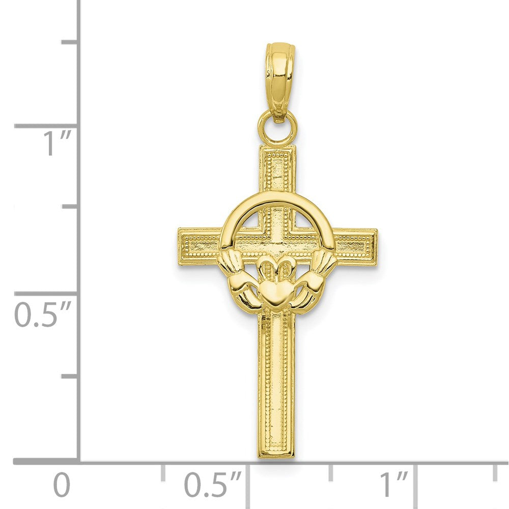 Million Charms 10K Yellow Gold Themed Polished Claddagh Relgious Cross Pendant