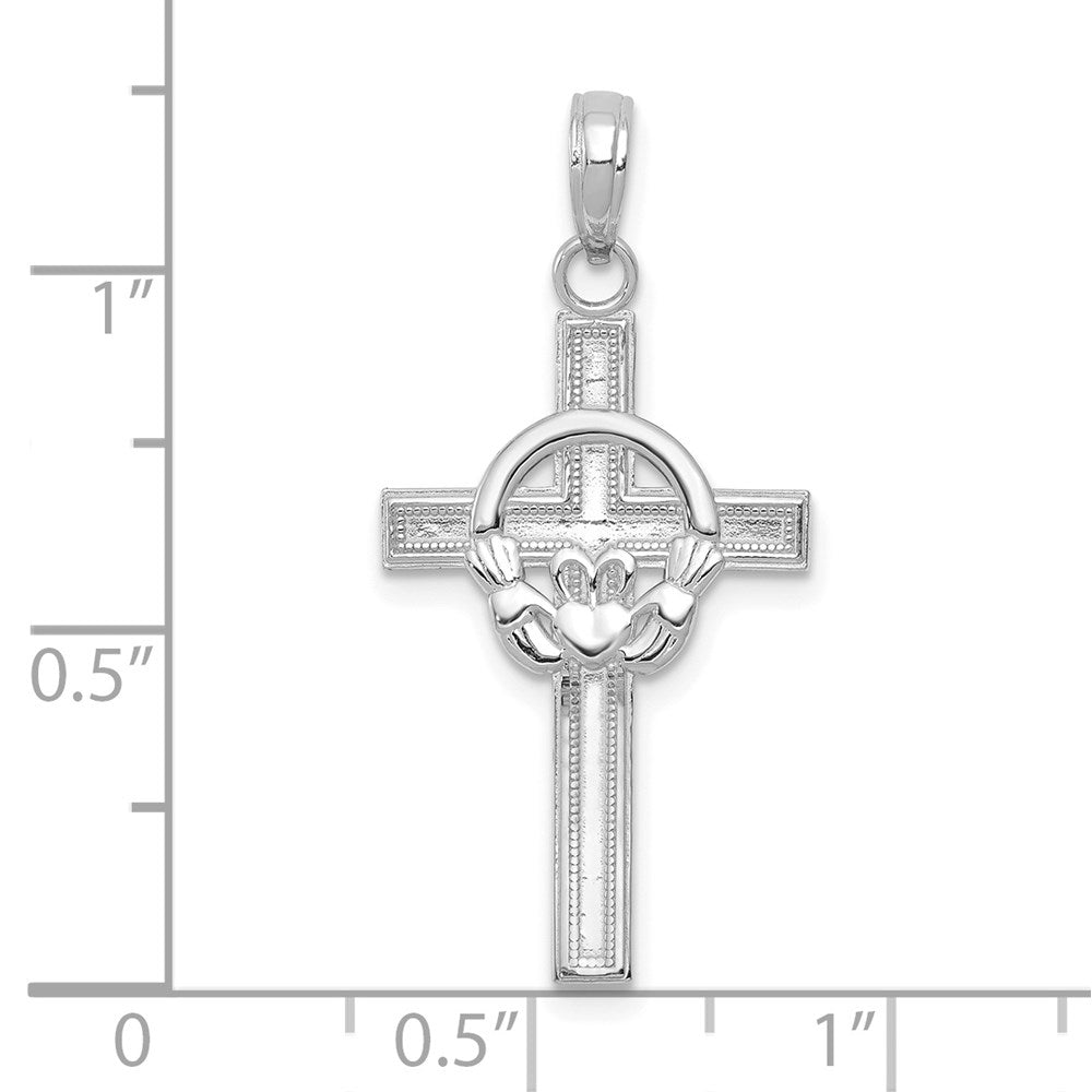 Million Charms 10K White Gold Themed Polished Claddagh Relgious Cross Pendant