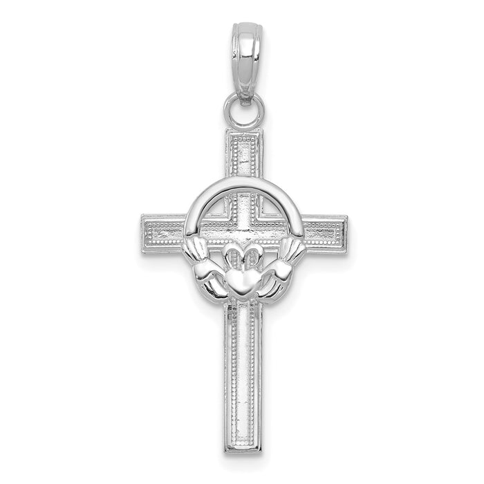 Million Charms 10K White Gold Themed Polished Claddagh Relgious Cross Pendant