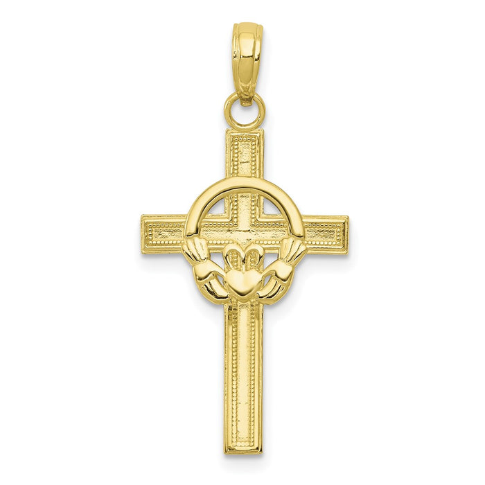 Million Charms 10K Yellow Gold Themed Polished Claddagh Relgious Cross Pendant