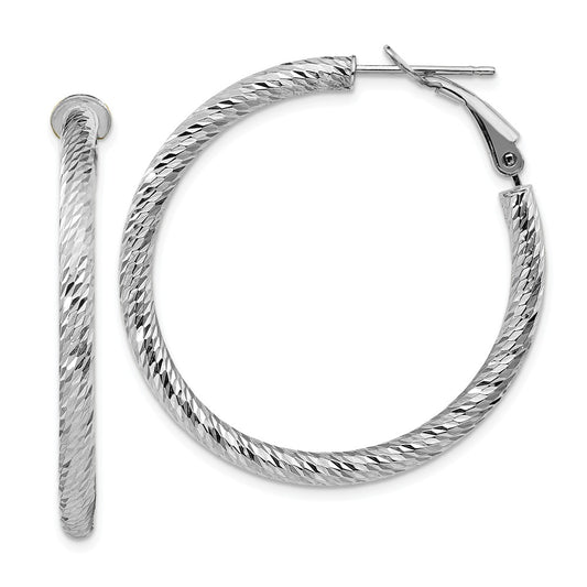 Million Charms 10k 3x30 White Gold Diamond-cut Round Omega Back Hoop Earrings, 38mm x 37.85mm