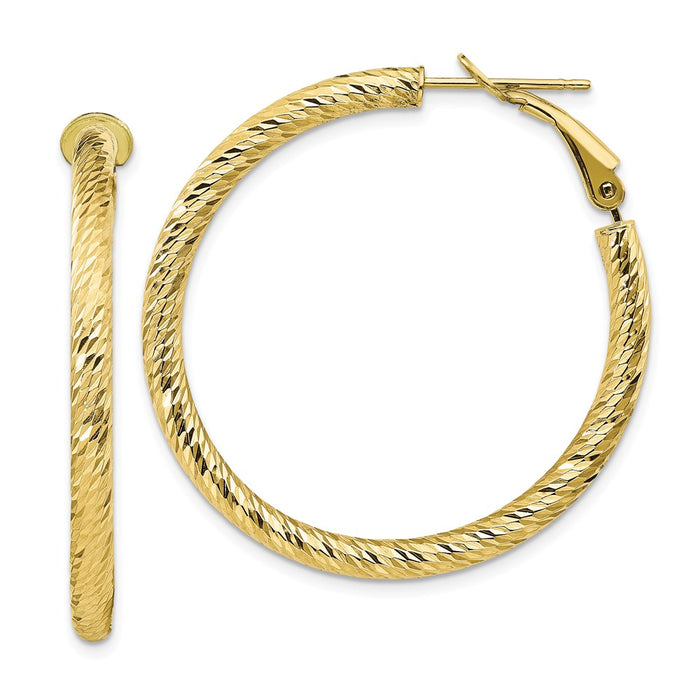 Million Charms 10k Yellow Gold 3x30 Diamond-cut Round Omega Back Hoop Earrings, 38mm x 37.85mm