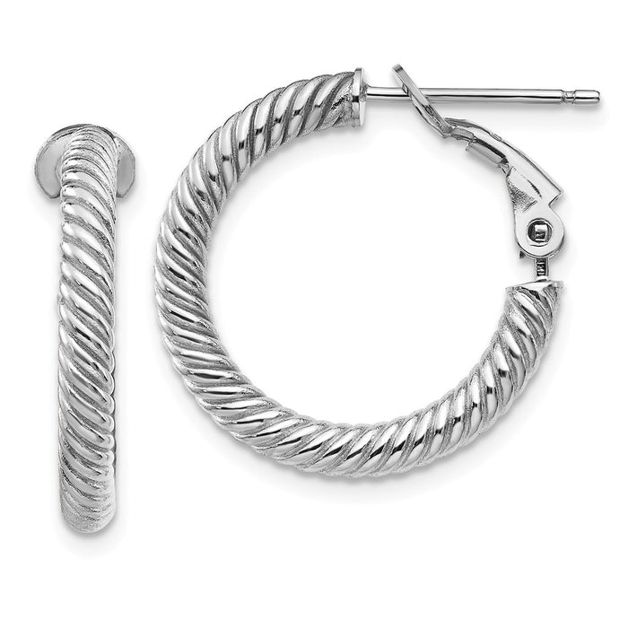 Million Charms 10k 3x15 White Gold Twisted Round Omega Back Hoop Earrings, 20.75mm x 21mm