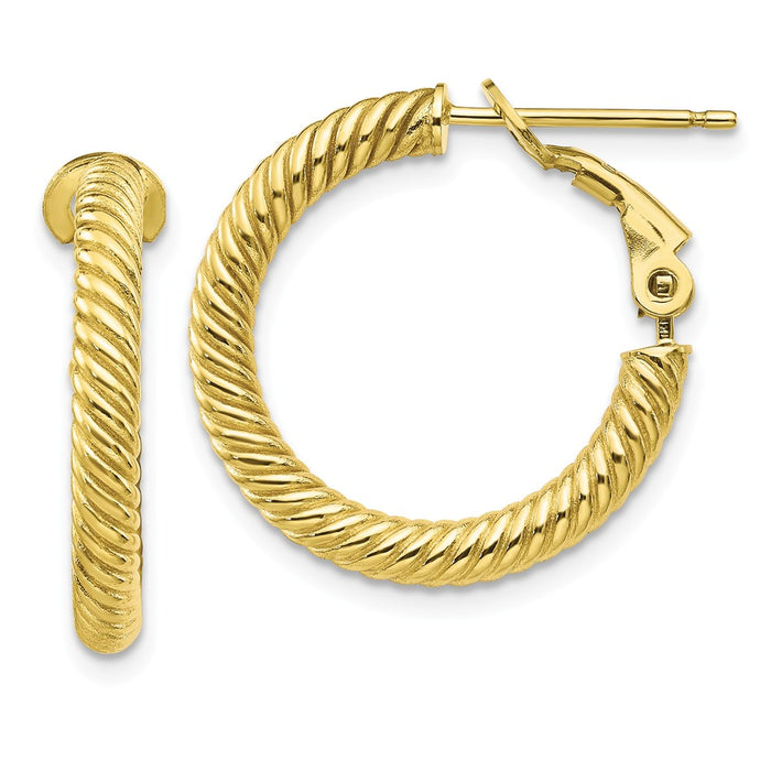 Million Charms 10k Yellow Gold 3x15 Twisted Round Omega Back Hoop Earrings, 20.75mm x 21mm