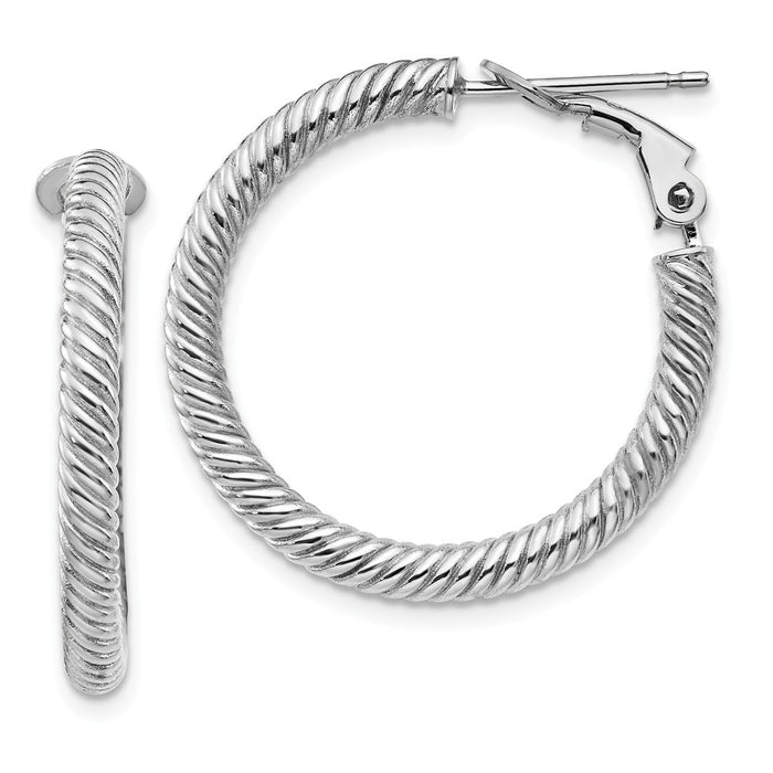 Million Charms 10k 3x20 White Gold Twisted Round Omega Back Hoop Earrings, 26.5mm x 27.25mm