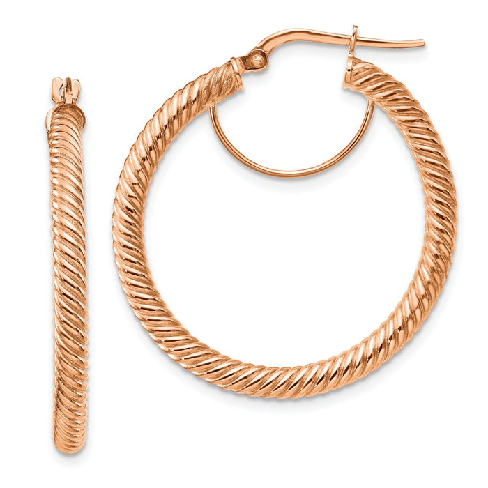 Million Charms 10k 3x25 Rose Gold Twisted Round Hoop Earrings, 32mm x 31.25mm
