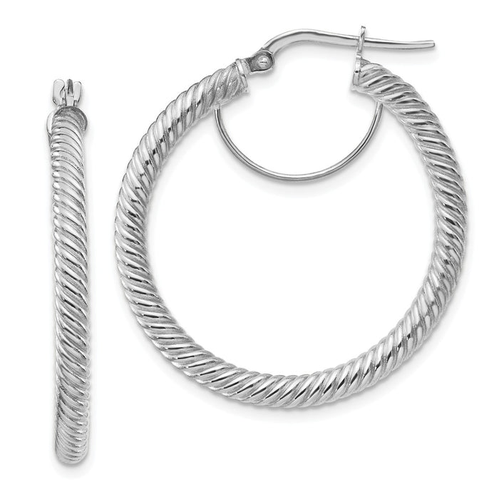 Million Charms 10k 3x25 White Gold Twisted Round Hoop Earrings, 32mm x 31.25mm