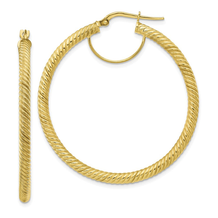 Million Charms 10k Yellow Gold 3x35 Twisted Round Hoop Earrings, 42.5mm x 39.5mm