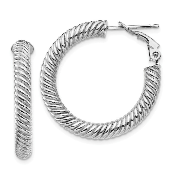 Million Charms 10k 4x20 White Gold Twisted Round Omega Back Hoop Earrings, 28mm x 27.9mm
