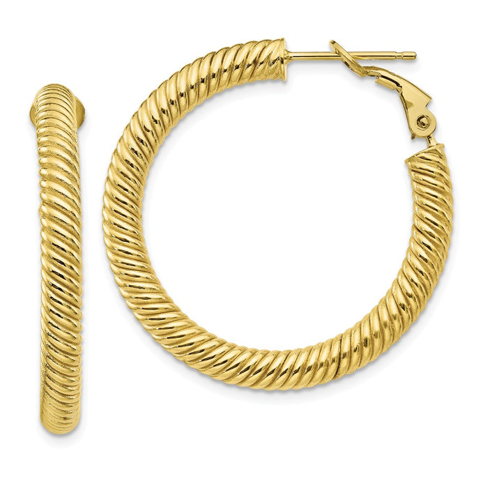 Million Charms 10k Yellow Gold 4x25 Twisted Round Omega Back Hoop Earrings, 33.5mm x 33mm