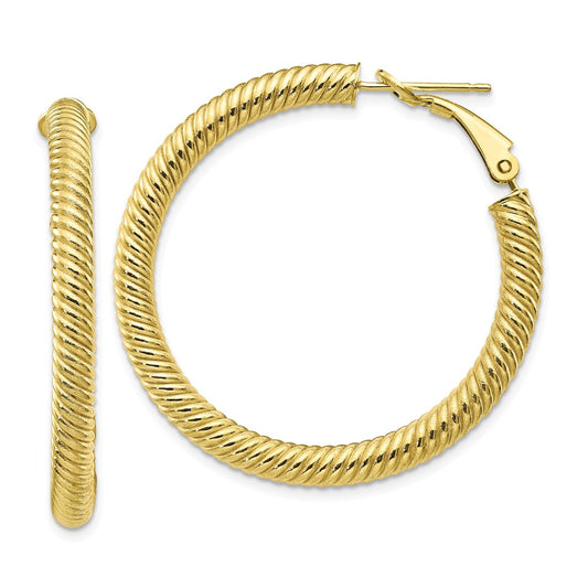 Million Charms 10k Yellow Gold 4x30 Twisted Round Omega Back Hoop Earrings, 39mm x 38mm