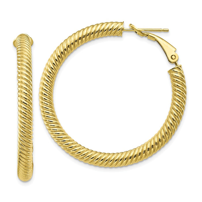 Million Charms 10k Yellow Gold 4x30 Twisted Round Omega Back Hoop Earrings, 39mm x 38mm