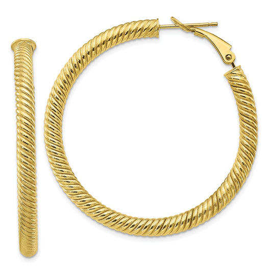 Million Charms 10k Yellow Gold 4x35 Twisted Round Omega Back Hoop Earrings, 44.5mm x 44mm