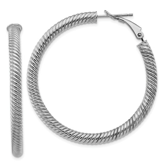 Million Charms 10k 4x35 White Gold Twisted Round Omega Back Hoop Earrings, 44.5mm x 44mm