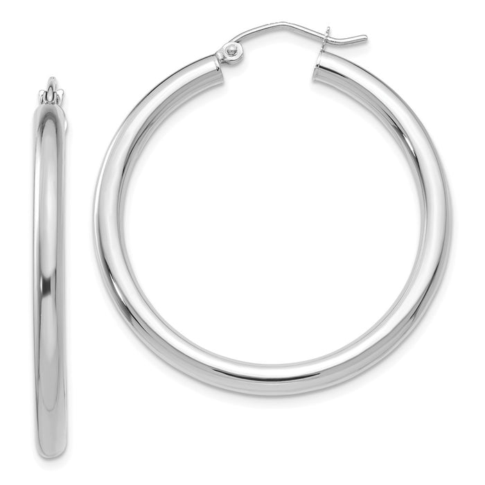 Million Charms 10K White Gold Polished 3mm Tube Hoop Earrings, 30mm x 3mm