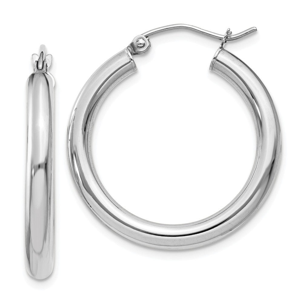 Million Charms 10K White Gold Polished 3mm Tube Hoop Earrings, 20mm x 3mm